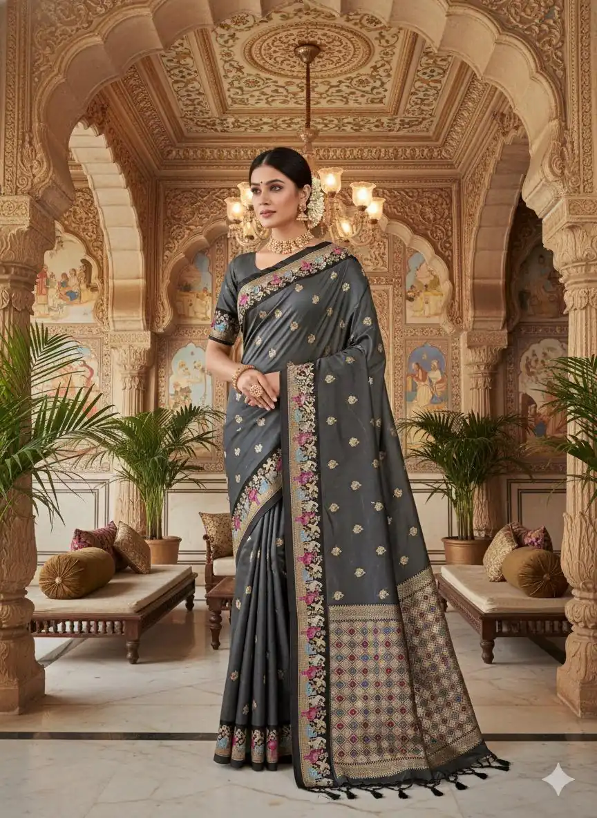 Grey Banarasi Silk Zari Weaving Work Saree | Sarees, Bollywood Sarees, Creative Sarees, Designer Sarees, Embroidered Sarees, Ethnic Saree, Modern Digital sarees, Party Wear Sarees