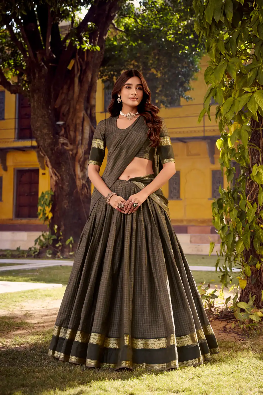 Grey Chettinad Cotton Chex Zari Work Lehenga Choli | Lehenga, Bollywood Lehenga, Creative Lehenga, Designer Lehenga, Embroidered Lehenga, Party Wear Lehenga