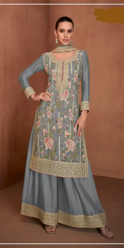 Grey Chinon Embroidery Work Salwar Suit | Jump Suits, Salwar suit, Casual Suits, Creative suits, Designer Suits, Palazzo Suits, Party Wear Suits, Patiala Suits, Straight Suits
