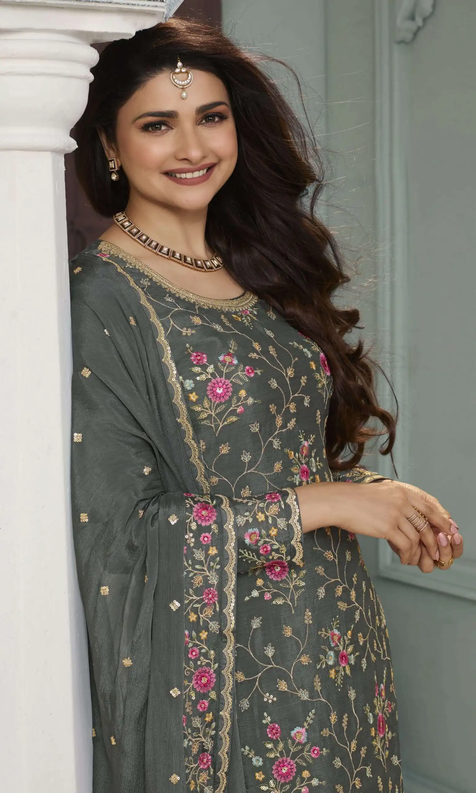 Grey Chinon Multi Work Salwar Suit | Jump Suits, Salwar suit, Casual Suits, Creative suits, Designer Suits, Palazzo Suits, Party Wear Suits, Patiala Suits, Straight Suits