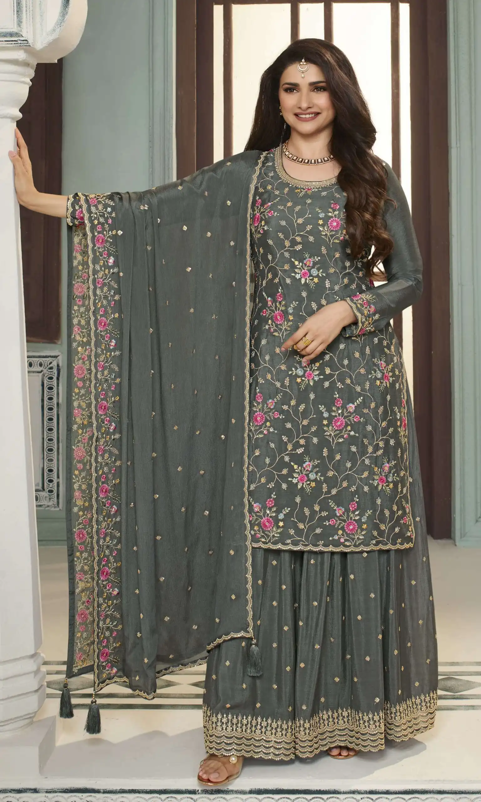 Grey Chinon Multi Work Salwar Suit | Jump Suits, Salwar suit, Casual Suits, Creative suits, Designer Suits, Palazzo Suits, Party Wear Suits, Patiala Suits, Straight Suits