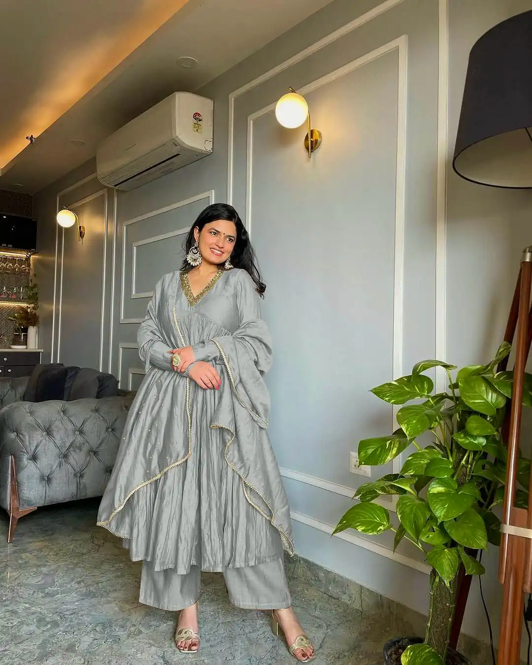 Grey Chinon Silk Embroidery Gown | Jump Suits, Salwar suit, Casual Suits, Creative suits, Designer Suits, Palazzo Suits, Party Wear Suits, Patiala Suits, Straight Suits