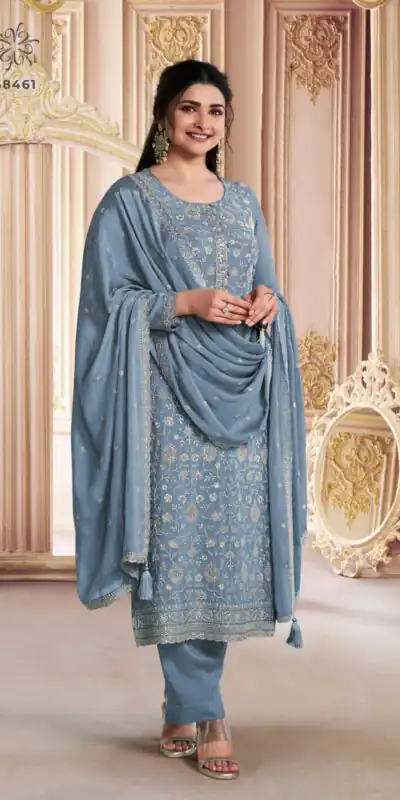 Grey Chinon Zari Embroidery Work Salwar Suit | Jump Suits, Tops & Bottoms, Track Suits, Salwar suit, Casual Suits, Creative suits, Designer Suits, Palazzo Suits, Party Wear Suits, Patiala Suits, Straight Suits, Trendy Wear