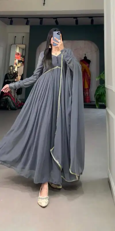 Grey Georgette Embroidery Gown | Gowns, Bollywood Gowns, Creative Gowns, Designer Gowns, Embroidered Gowns, Party Wear Gowns