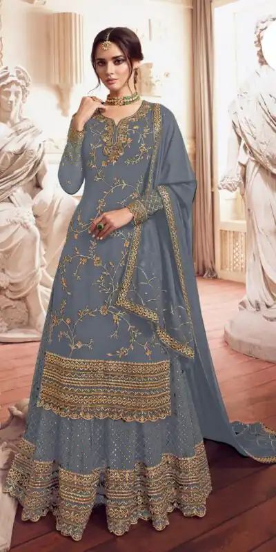 Grey Georgette Embroidery Work Salwar Suit | Jump Suits, Salwar suit, Casual Suits, Creative suits, Designer Suits, Palazzo Suits, Party Wear Suits, Patiala Suits, Straight Suits