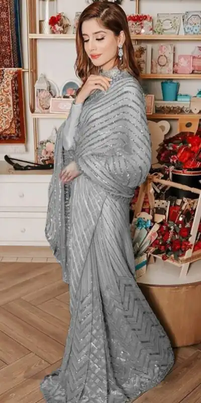 Grey Georgette Multi Sequin Embroidered Saree | Sarees, Bollywood Sarees, Creative Sarees, Designer Sarees, Embroidered Sarees, Ethnic Saree, Modern Digital sarees, Party Wear Sarees