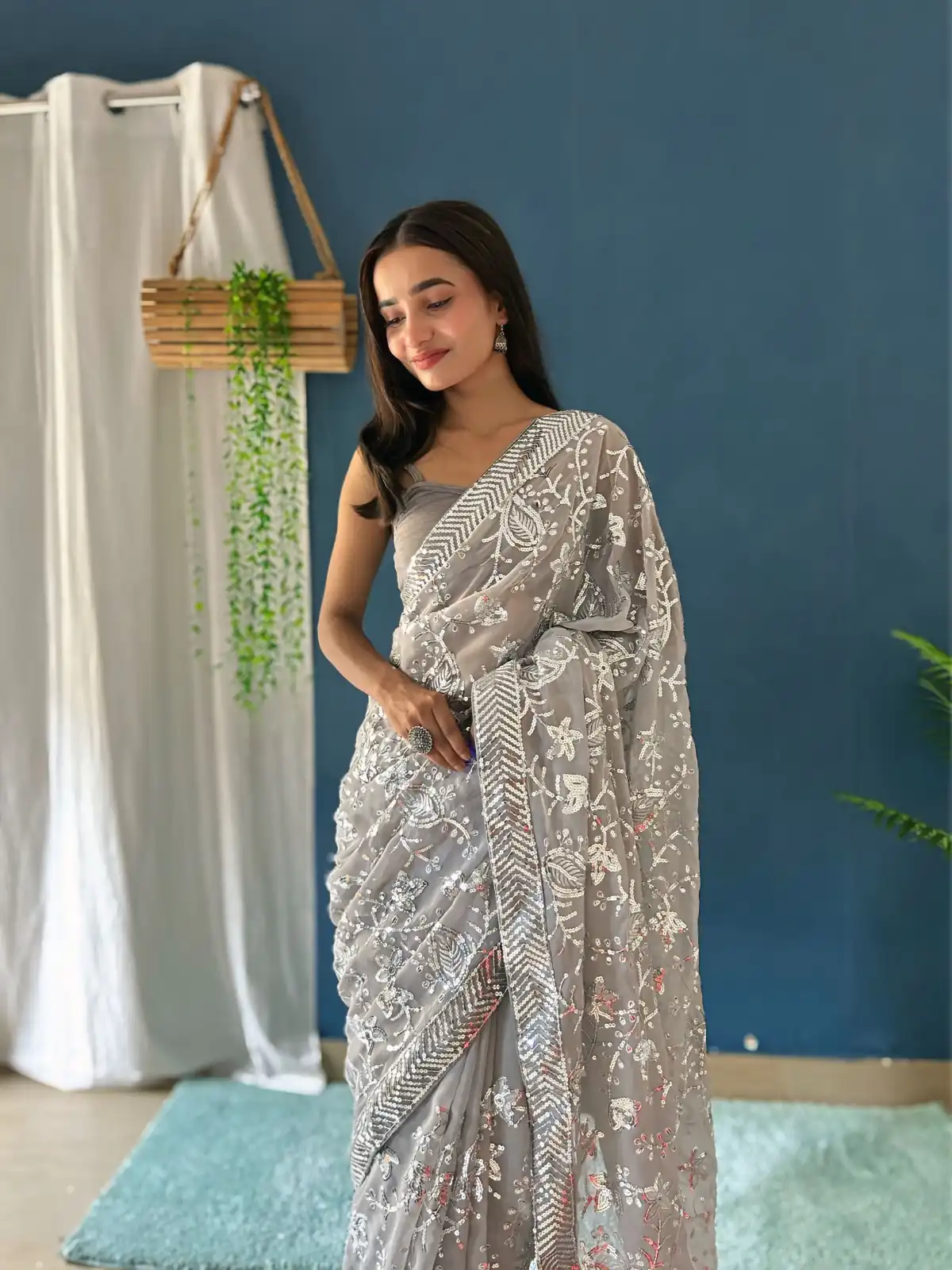 Grey Georgette Sequence Work Saree | Sarees, Bollywood Sarees, Creative Sarees, Designer Sarees, Embroidered Sarees, Ethnic Saree, Modern Digital sarees, Party Wear Sarees