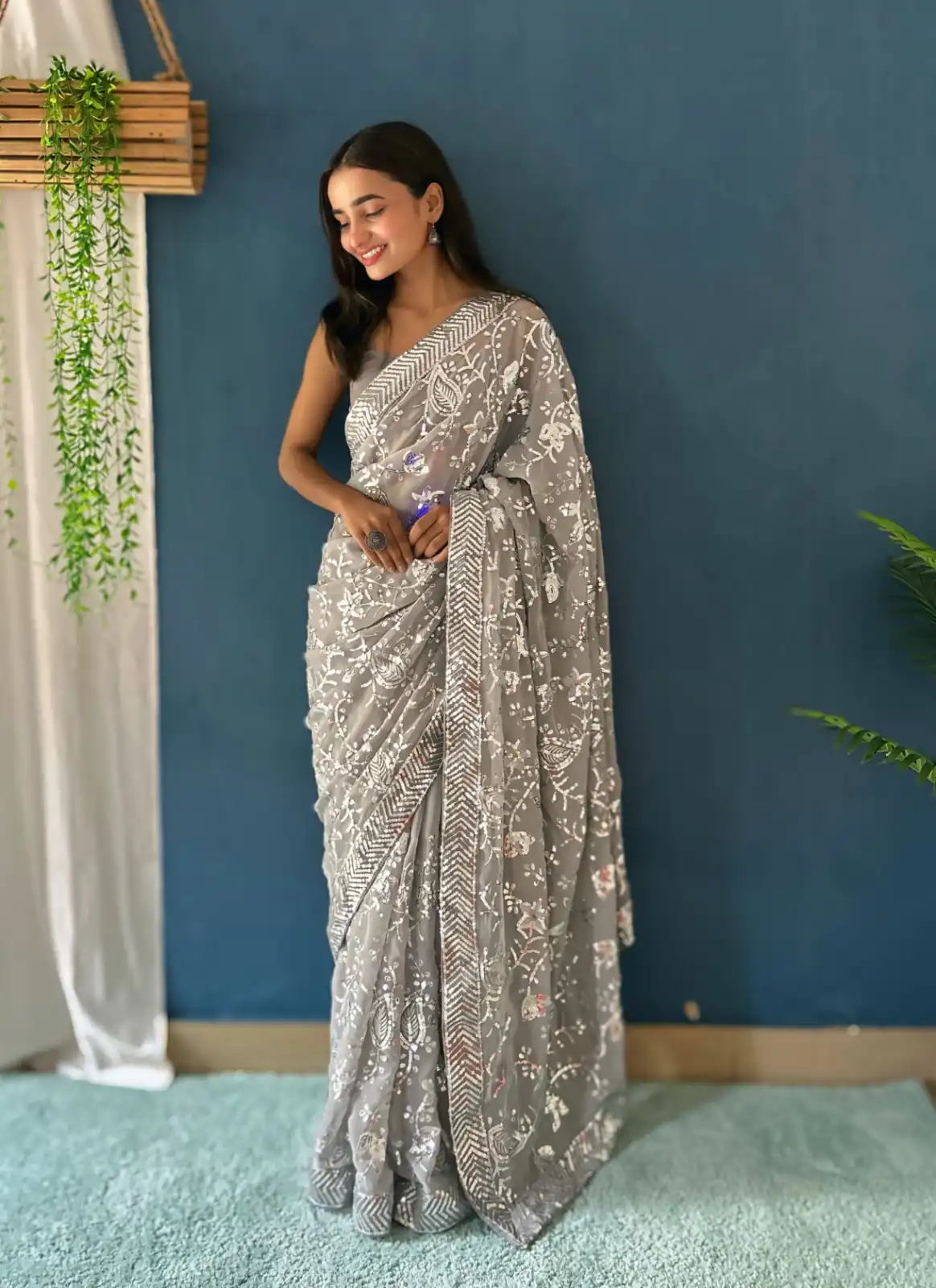 Grey Georgette Sequence Work Saree | Sarees, Bollywood Sarees, Creative Sarees, Designer Sarees, Embroidered Sarees, Ethnic Saree, Modern Digital sarees, Party Wear Sarees