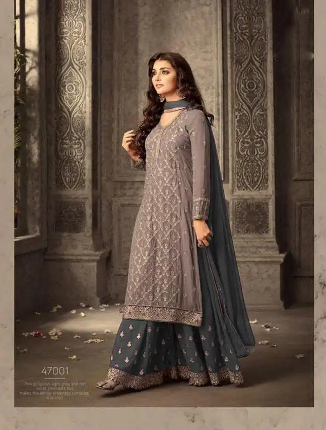 Grey Georgette With Embroidery Work With Stone Salwar Suit | Jump Suits, Salwar suit, Casual Suits, Creative suits, Designer Suits, Palazzo Suits, Party Wear Suits, Patiala Suits, Straight Suits