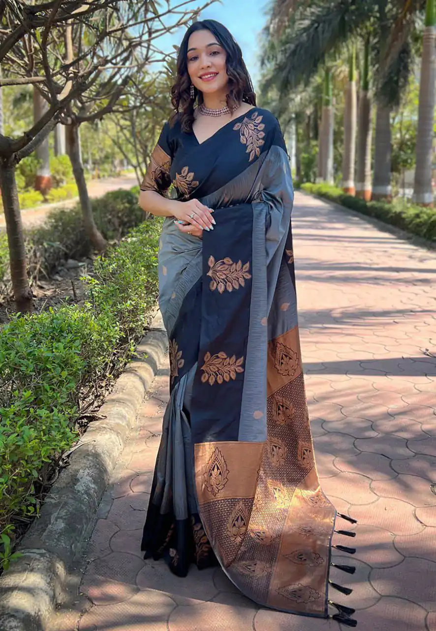 Grey Lichi Silk Jacquard Saree | Sarees, Bollywood Sarees, Creative Sarees, Designer Sarees, Embroidered Sarees, Ethnic Saree, Modern Digital sarees, Party Wear Sarees
