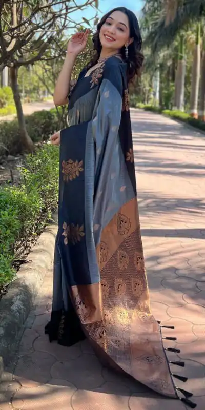 Grey Lichi Silk Jacquard Saree | Sarees, Bollywood Sarees, Creative Sarees, Designer Sarees, Embroidered Sarees, Ethnic Saree, Modern Digital sarees, Party Wear Sarees