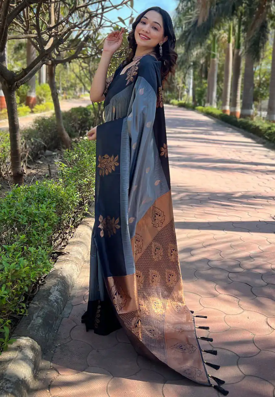 Grey Lichi Silk Jacquard Saree | Sarees, Bollywood Sarees, Creative Sarees, Designer Sarees, Embroidered Sarees, Ethnic Saree, Modern Digital sarees, Party Wear Sarees