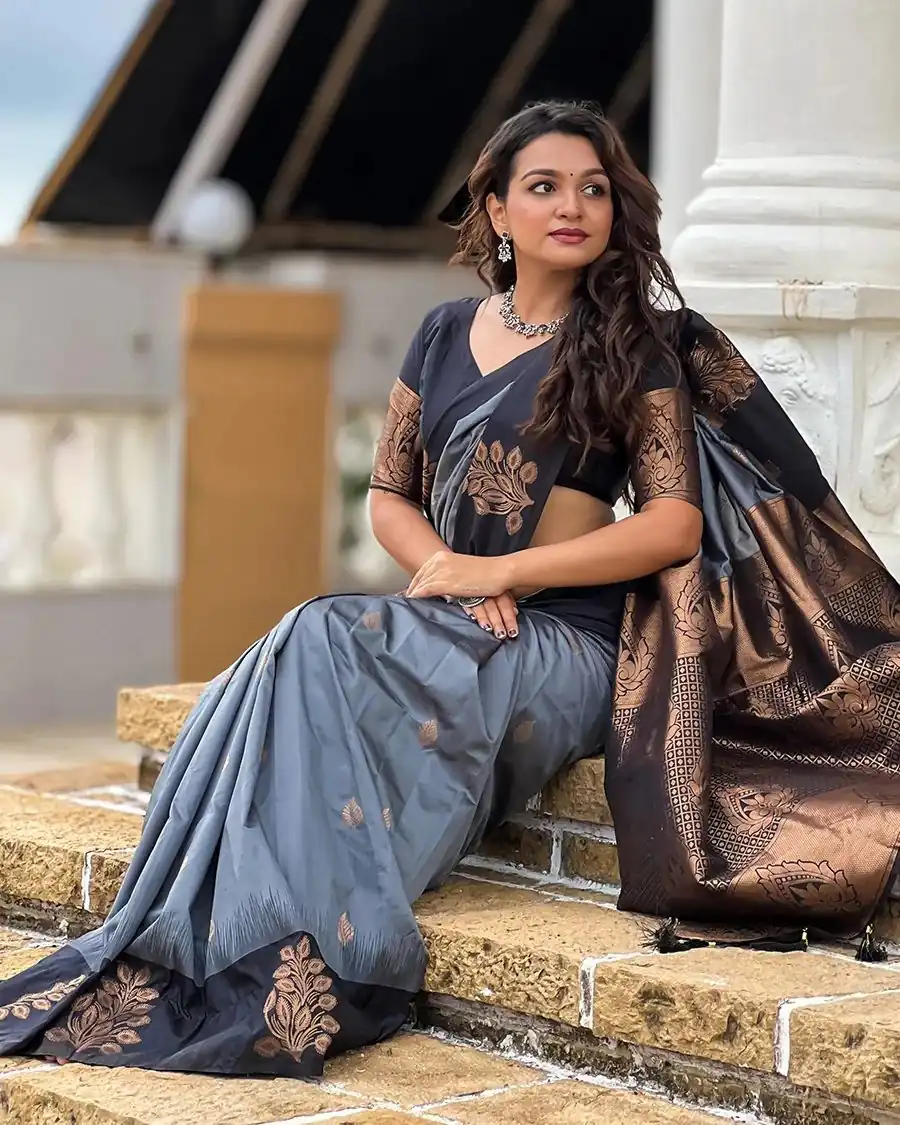Grey Lichi Silk Jacquard Saree | Sarees, Bollywood Sarees, Creative Sarees, Designer Sarees, Embroidered Sarees, Ethnic Saree, Modern Digital sarees, Party Wear Sarees
