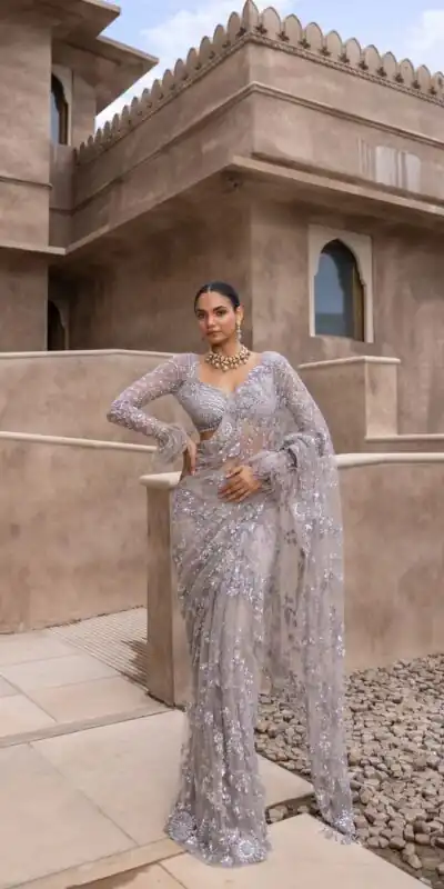 Grey Mono Net Embroidery Saree | Sarees, Bollywood Sarees, Creative Sarees, Designer Sarees, Embroidered Sarees, Ethnic Saree, Modern Digital sarees, Party Wear Sarees