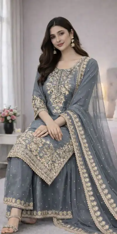 Grey Organza Silk Embroidery Work Salwar Suit | Jump Suits, Salwar suit, Casual Suits, Creative suits, Designer Suits, Palazzo Suits, Party Wear Suits, Patiala Suits, Straight Suits