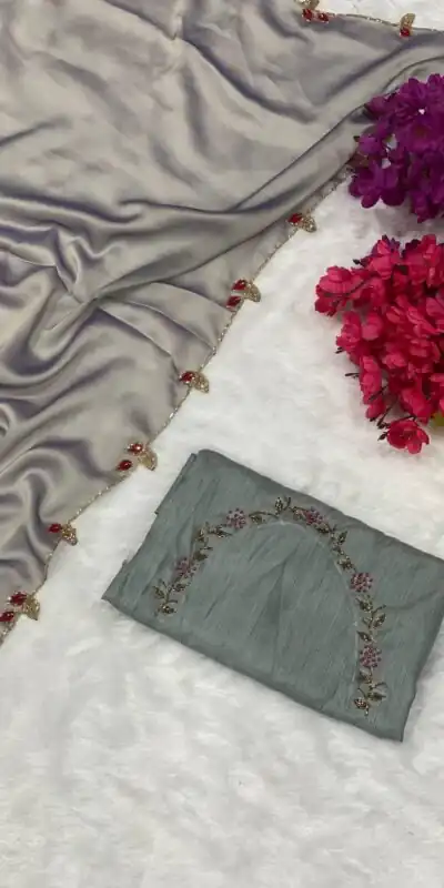 Grey Rangoli Silk Handwork And Cutwork With Pearl Saree | Sarees, Bollywood Sarees, Creative Sarees, Designer Sarees, Embroidered Sarees, Ethnic Saree, Modern Digital sarees, Party Wear Sarees