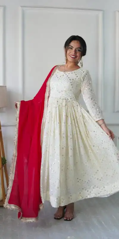 Half White Georgette Embroidery Work Gown | Gowns, Bollywood Gowns, Creative Gowns, Designer Gowns, Embroidered Gowns, Party Wear Gowns