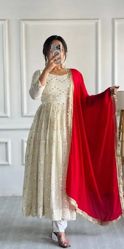 Half White Georgette Embroidery Work Gown | Gowns, Bollywood Gowns, Creative Gowns, Designer Gowns, Embroidered Gowns, Party Wear Gowns