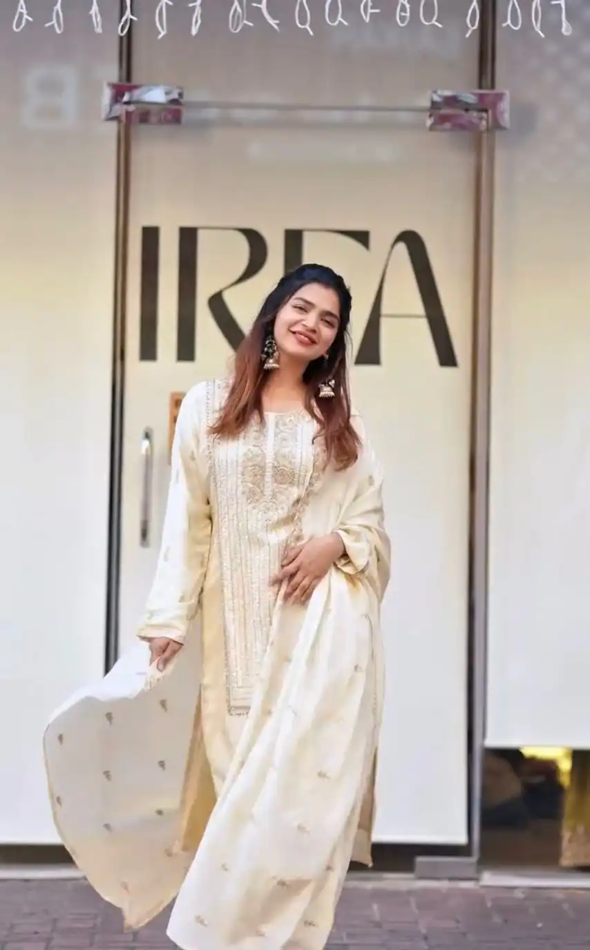 Half White Georgette With Embroidery Work Salwar Suit | Jump Suits, Salwar suit, Casual Suits, Creative suits, Designer Suits, Palazzo Suits, Party Wear Suits, Patiala Suits, Straight Suits