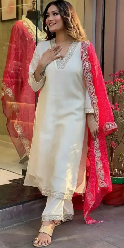 Half White Roman Silk With Red Dupatta Coding Work Salwar Suit | Jump Suits, Salwar suit, Casual Suits, Creative suits, Designer Suits, Palazzo Suits, Party Wear Suits, Patiala Suits, Straight Suits