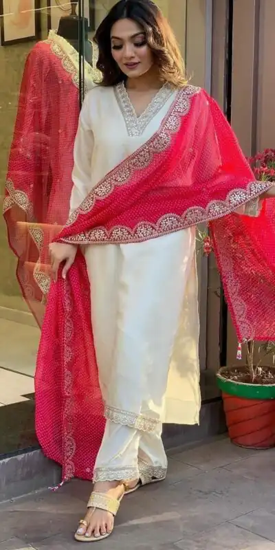 Half White Roman Silk With Red Dupatta Coding Work Salwar Suit | Jump Suits, Salwar suit, Casual Suits, Creative suits, Designer Suits, Palazzo Suits, Party Wear Suits, Patiala Suits, Straight Suits