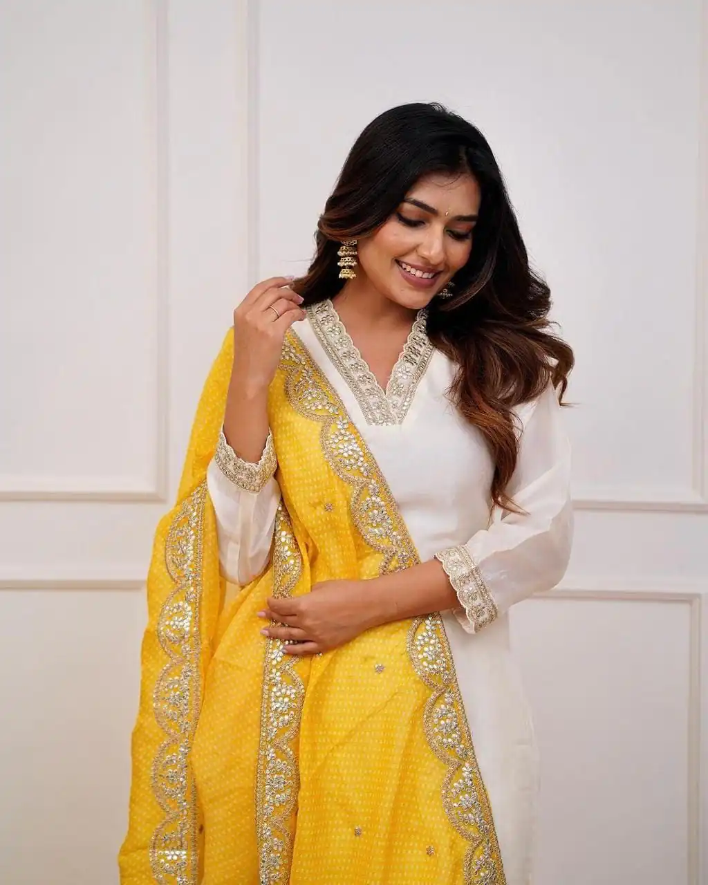 Half White Roman Silk With Yellow Dupatta Coding Work Salwar Suit | Jump Suits, Salwar suit, Casual Suits, Creative suits, Designer Suits, Palazzo Suits, Party Wear Suits, Patiala Suits, Straight Suits
