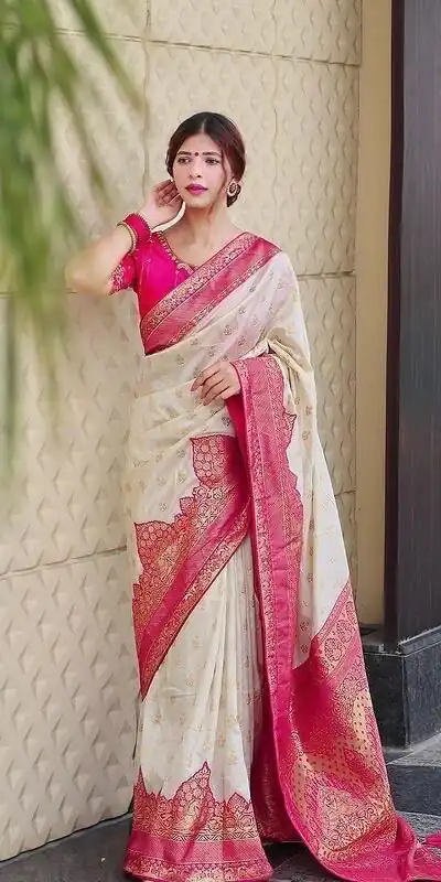 Half White Soft Litchi Silk Jacquard Work On All Over Saree | Sarees, Bollywood Sarees, Creative Sarees, Designer Sarees, Embroidered Sarees, Ethnic Saree, Modern Digital sarees, Party Wear Sarees