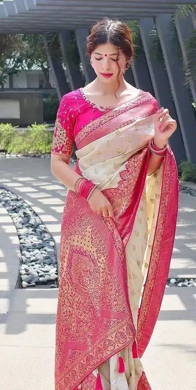 Half White Soft Litchi Silk Jacquard Work On All Over Saree | Sarees, Bollywood Sarees, Creative Sarees, Designer Sarees, Embroidered Sarees, Ethnic Saree, Modern Digital sarees, Party Wear Sarees