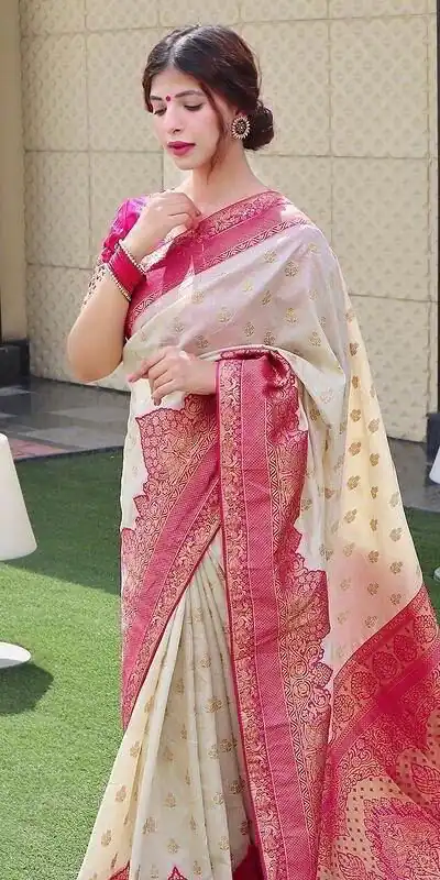 Half White Soft Litchi Silk Jacquard Work On All Over Saree | Sarees, Bollywood Sarees, Creative Sarees, Designer Sarees, Embroidered Sarees, Ethnic Saree, Modern Digital sarees, Party Wear Sarees