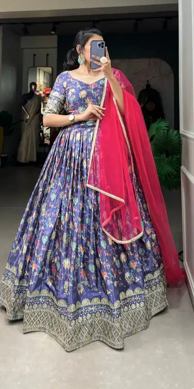 Lavender Chinon Digital Printed Embroidery Lehenga Choli | Lehenga, Bollywood Lehenga, Creative Lehenga, Designer Lehenga, Embroidered Lehenga, Party Wear Lehenga
