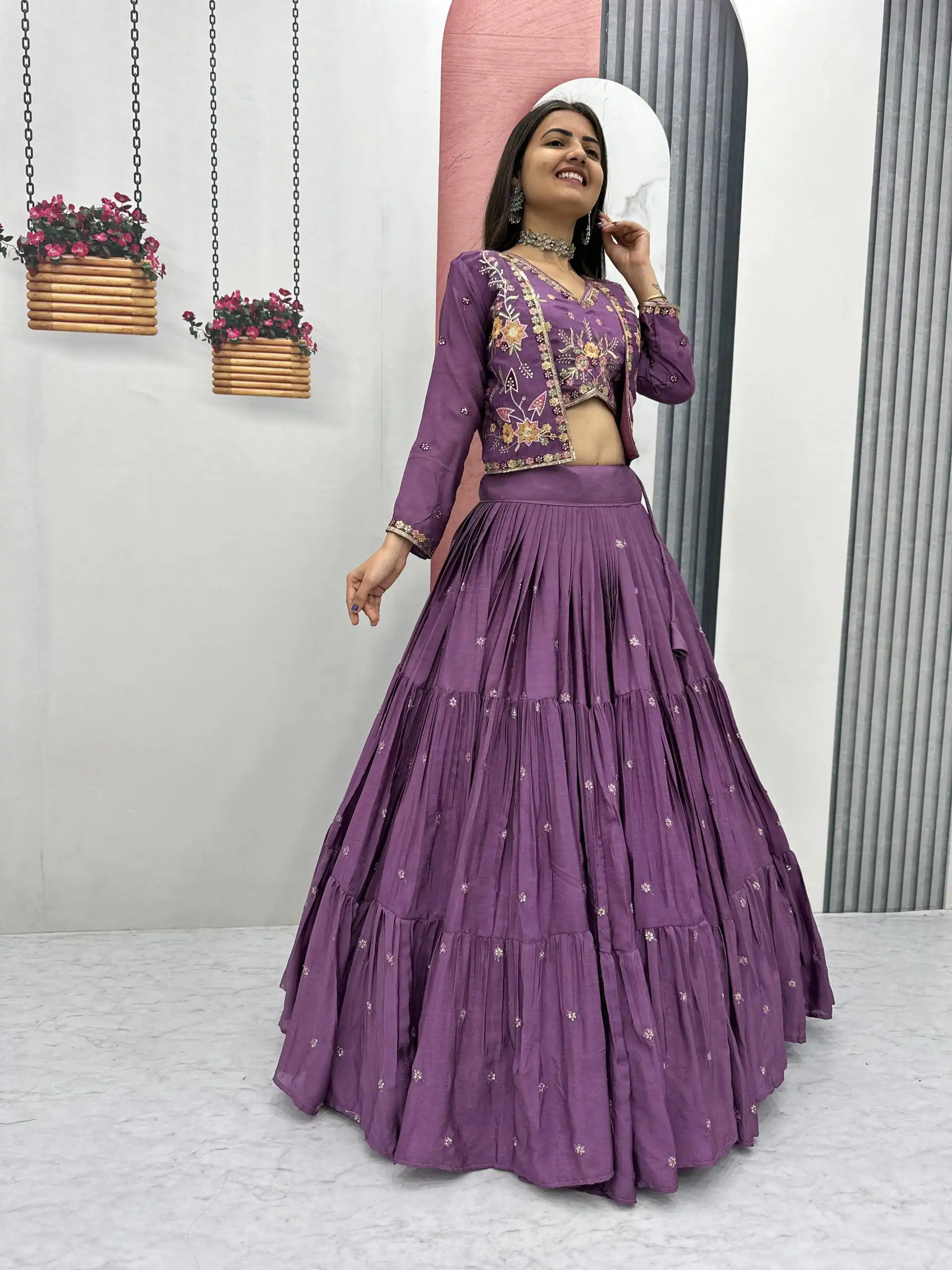 Lavender Chinon Thread Embroidery Lehenga Choli | Lehenga, Bollywood Lehenga, Creative Lehenga, Designer Lehenga, Embroidered Lehenga, Party Wear Lehenga