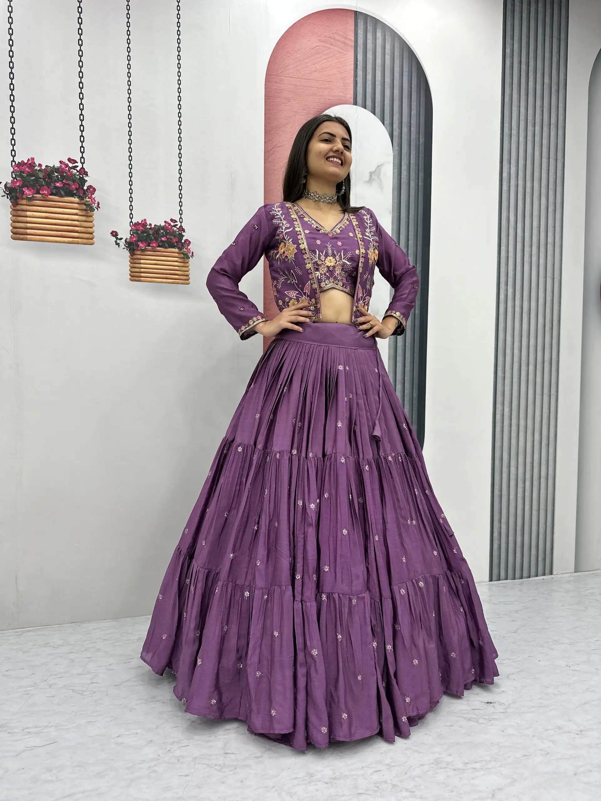 Lavender Chinon Thread Embroidery Lehenga Choli | Lehenga, Bollywood Lehenga, Creative Lehenga, Designer Lehenga, Embroidered Lehenga, Party Wear Lehenga