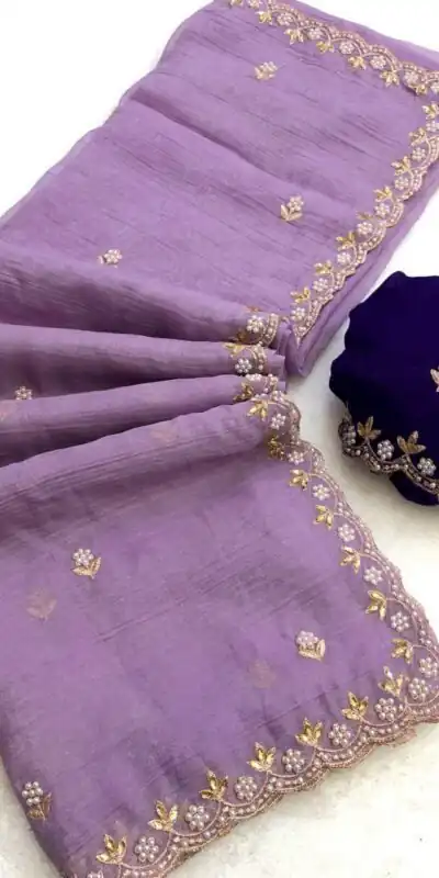 Lavender Crunchy Chiffon Embroidery Work Saree | Sarees, Bollywood Sarees, Creative Sarees, Designer Sarees, Embroidered Sarees, Ethnic Saree, Modern Digital sarees, Party Wear Sarees