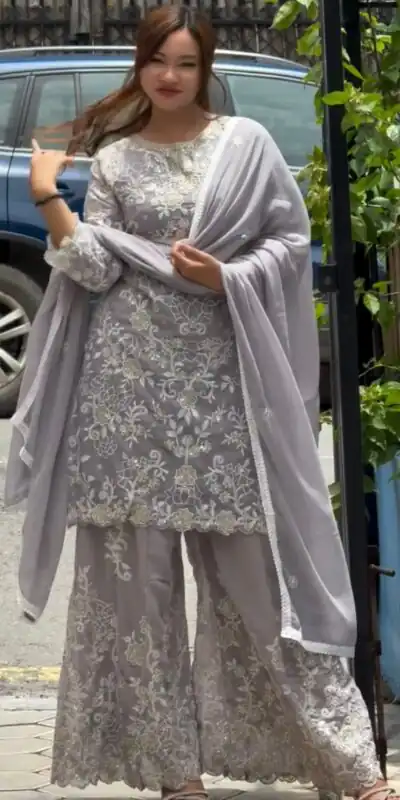 Lavender Faux Georgette Embroidery Lace Work Salwar Suit | Jump Suits, Salwar suit, Casual Suits, Creative suits, Designer Suits, Palazzo Suits, Party Wear Suits, Patiala Suits, Straight Suits