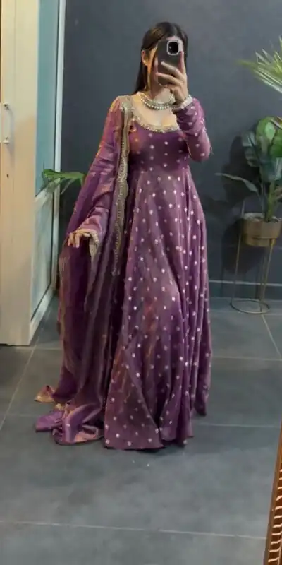 Lavender Fendy Silk Sequence Lace Work Gown | Gowns, Bollywood Gowns, Creative Gowns, Designer Gowns, Embroidered Gowns, Party Wear Gowns