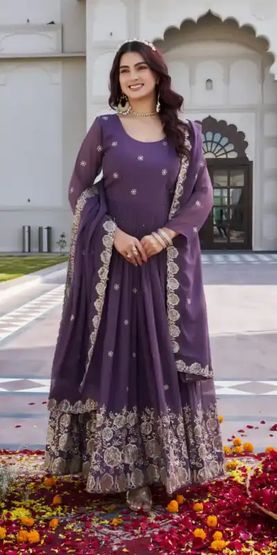 Lavender Fox Georgette With Sequence Work Gown | Gowns, Bollywood Gowns, Creative Gowns, Designer Gowns, Embroidered Gowns, Party Wear Gowns