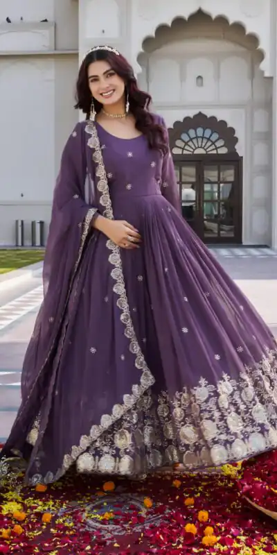 Lavender Fox Georgette With Sequence Work Gown | Gowns, Bollywood Gowns, Creative Gowns, Designer Gowns, Embroidered Gowns, Party Wear Gowns