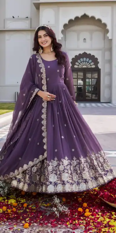 Lavender Fox Georgette With Sequence Work Gown | Gowns, Bollywood Gowns, Creative Gowns, Designer Gowns, Embroidered Gowns, Party Wear Gowns