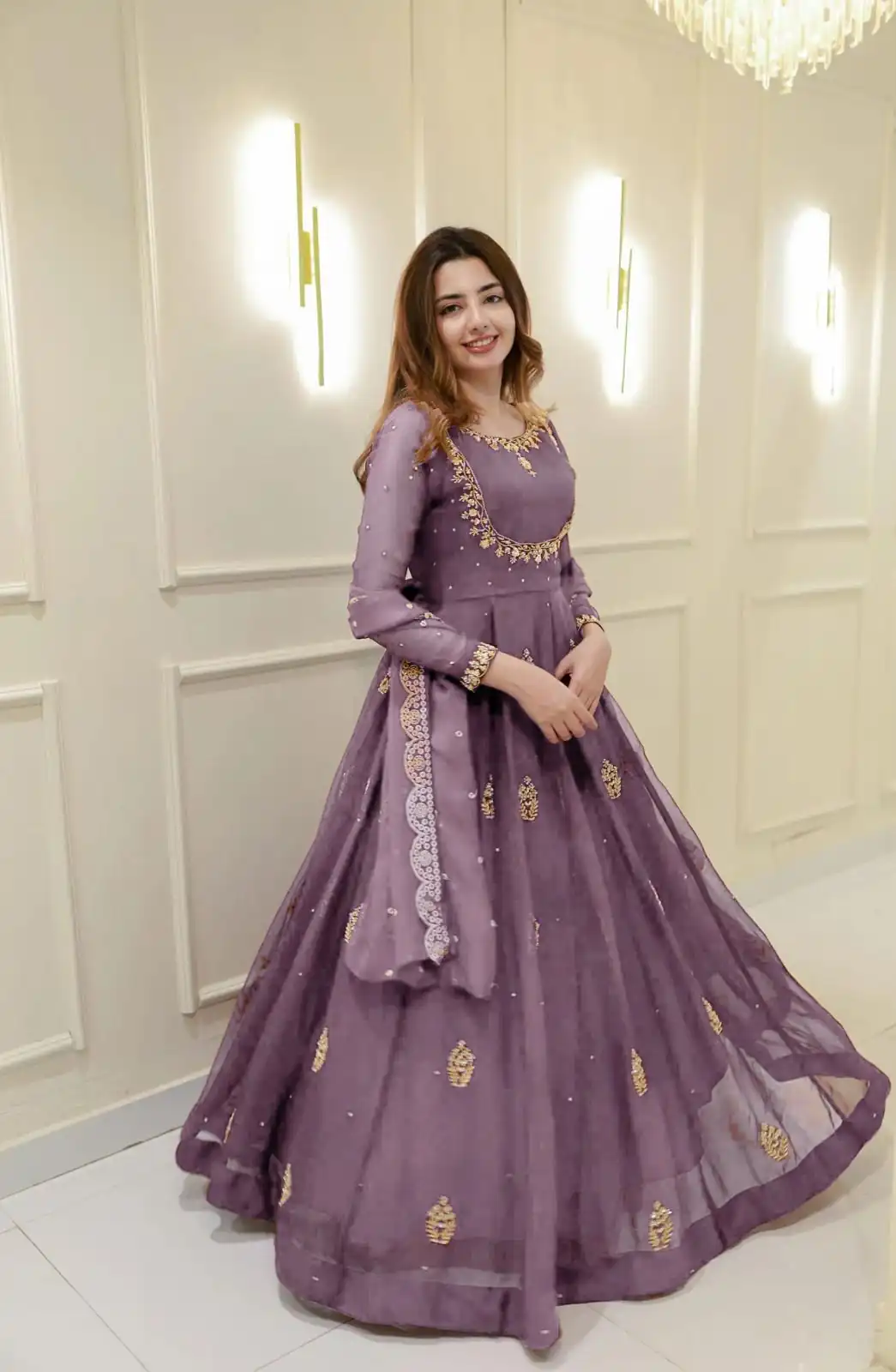 Lavender Georgette Embroidery Work Gown | Gowns, Bollywood Gowns, Creative Gowns, Designer Gowns, Embroidered Gowns, Party Wear Gowns