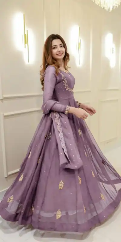 Lavender Georgette Embroidery Work Gown | Gowns, Bollywood Gowns, Creative Gowns, Designer Gowns, Embroidered Gowns, Party Wear Gowns