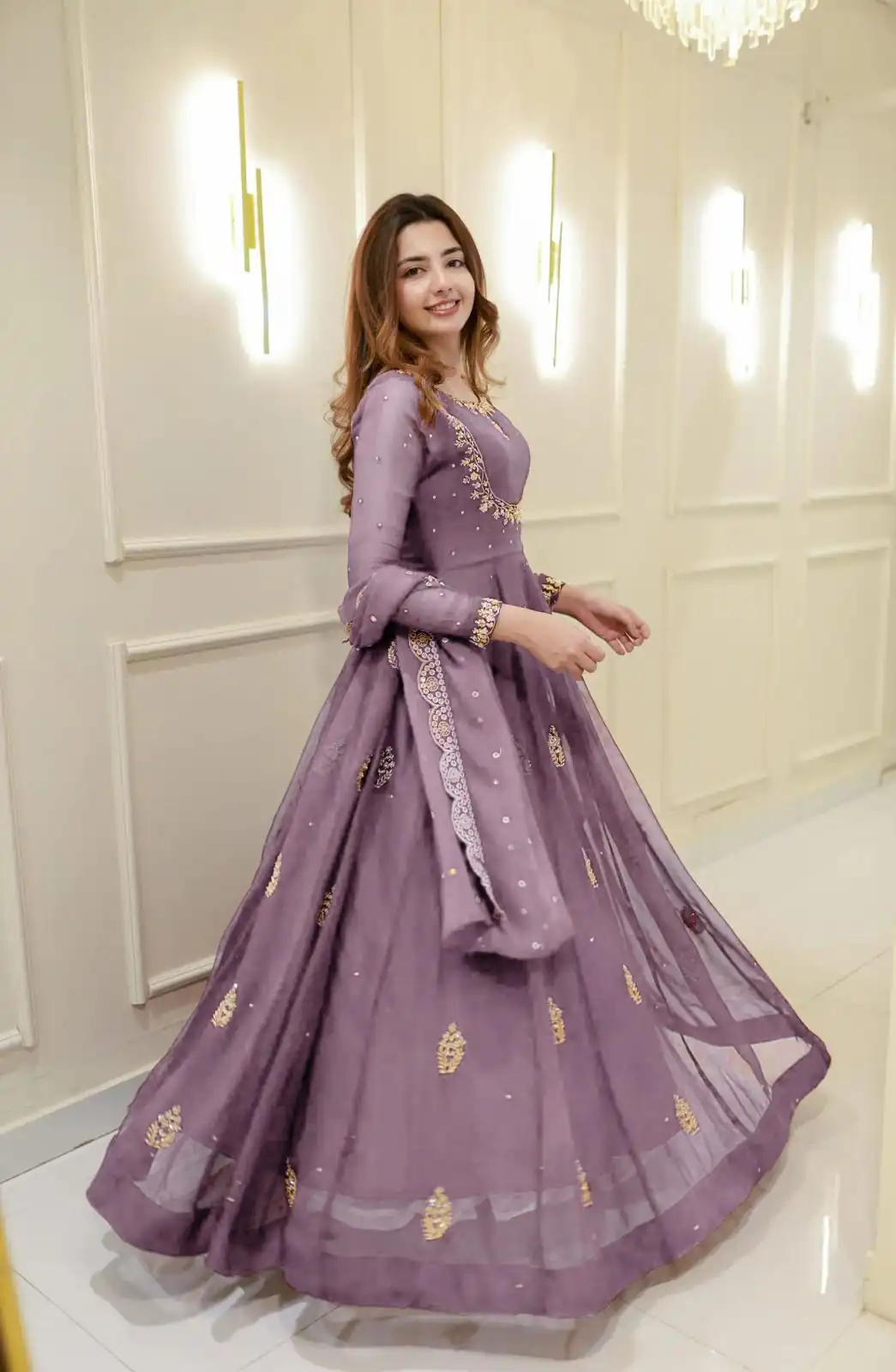 Lavender Georgette Embroidery Work Gown | Gowns, Bollywood Gowns, Creative Gowns, Designer Gowns, Embroidered Gowns, Party Wear Gowns