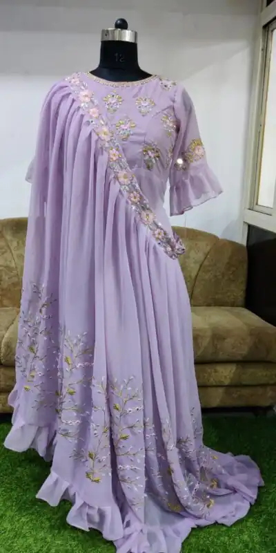 Lavender Georgette Mirror Original Mirror Work Gown | Gowns, Bollywood Gowns, Creative Gowns, Designer Gowns, Embroidered Gowns, Party Wear Gowns