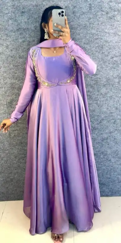 Lavender Rangoli Silk Handwork Lace Work Gown | Gowns, Bollywood Gowns, Creative Gowns, Designer Gowns, Embroidered Gowns, Party Wear Gowns