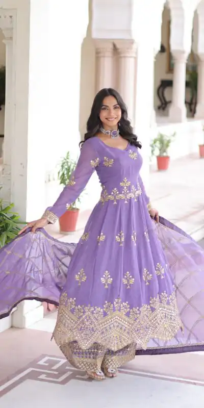Lavender Silver Crunchy Sequins Work Embroidery Gown | Gowns, Bollywood Gowns, Creative Gowns, Designer Gowns, Embroidered Gowns, Party Wear Gowns