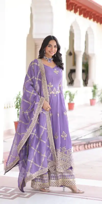 Lavender Silver Crunchy Sequins Work Embroidery Gown | Gowns, Bollywood Gowns, Creative Gowns, Designer Gowns, Embroidered Gowns, Party Wear Gowns