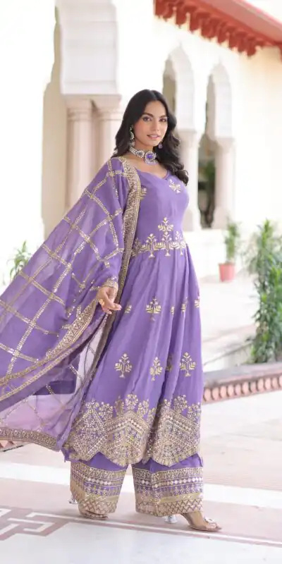 Lavender Silver Crunchy Sequins Work Embroidery Gown | Gowns, Bollywood Gowns, Creative Gowns, Designer Gowns, Embroidered Gowns, Party Wear Gowns