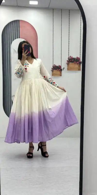 Lavender Soft Cotton Embroidery Work Gown | Gowns, Bollywood Gowns, Creative Gowns, Designer Gowns, Embroidered Gowns, Party Wear Gowns