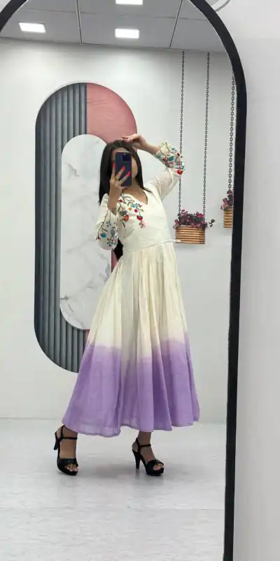 Lavender Soft Cotton Embroidery Work Gown | Gowns, Bollywood Gowns, Creative Gowns, Designer Gowns, Embroidered Gowns, Party Wear Gowns