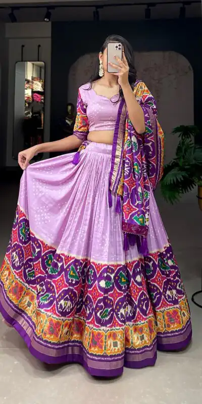 Lavender Tussar Silk Patola Printed Lehenga Choli | Lehenga, Bollywood Lehenga, Creative Lehenga, Designer Lehenga, Embroidered Lehenga, Party Wear Lehenga