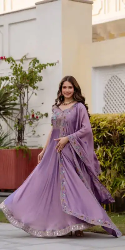 Lavender Vichitra Silk Embroider Work Gown | Gowns, Bollywood Gowns, Creative Gowns, Designer Gowns, Embroidered Gowns, Party Wear Gowns